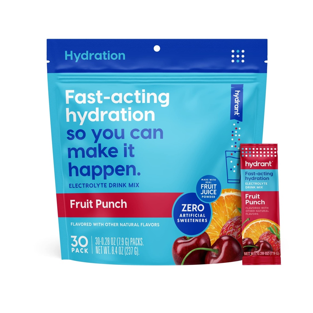 HYDRANT - hydratačný prášok, ovocná Punch chuť, 30 Jednotlivé Instant Electrolyte rehydratačné balíčky - Nízkocukrový nápoj Mix pre každodenné použitie, cestovanie a cvičenie