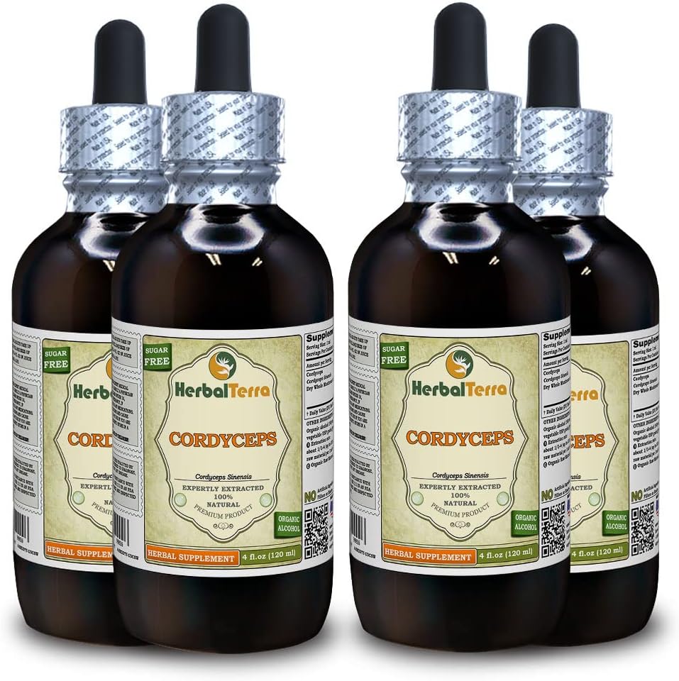 Cordyceps (Cordyceps Sinensis) Tinktúra, Organicky sušený práškový tekutý extrakt z huby (názov rastliny: bylinný terasa, hrdo vyrobené v USA) 4x4 fl.oz (4x120 ml)