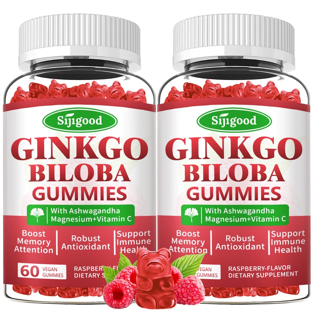 2 balenie Ginkgo Biloba Gummy s Panax ženšen a horčík, Ginkgo Biloba Doplnky pre zameranie, pamäť, a mozog zdravie pre dospelých a deti, Vegan Malinová chuť Gummy, 120 Počet