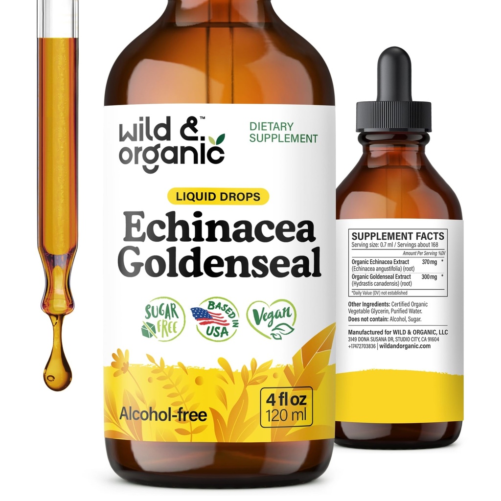 Wild & Organic Echinacea Goldenseal Tinture - Immune Support Drops with Echinacea and Goldenseal Root Extract - Vegan, Cukor a bez alkoholu Liquid Supplement - 4 fl oz