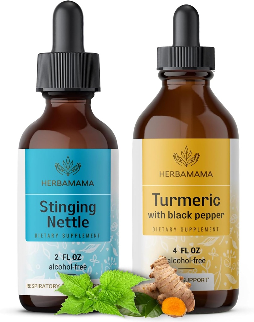 HERBAMAMA bylinné kvapky Kit - Bundle of Stinging Nettle 2 fl oz & Turmerica Curcumin Tincture 4 fl oz - Vegan, Non-GMO, Cukor & Alkohol - 2 balenia