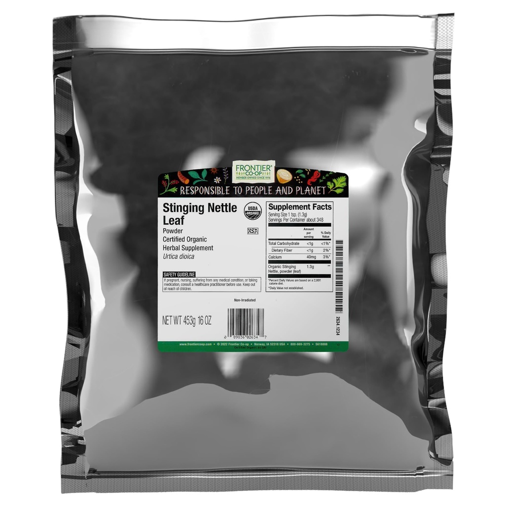 Frontier Co-op Organic Ground Stinging Nettle Leaf, Sušená Nettle Leaf Powder, Košer 16 Ounce (Pack of 1)