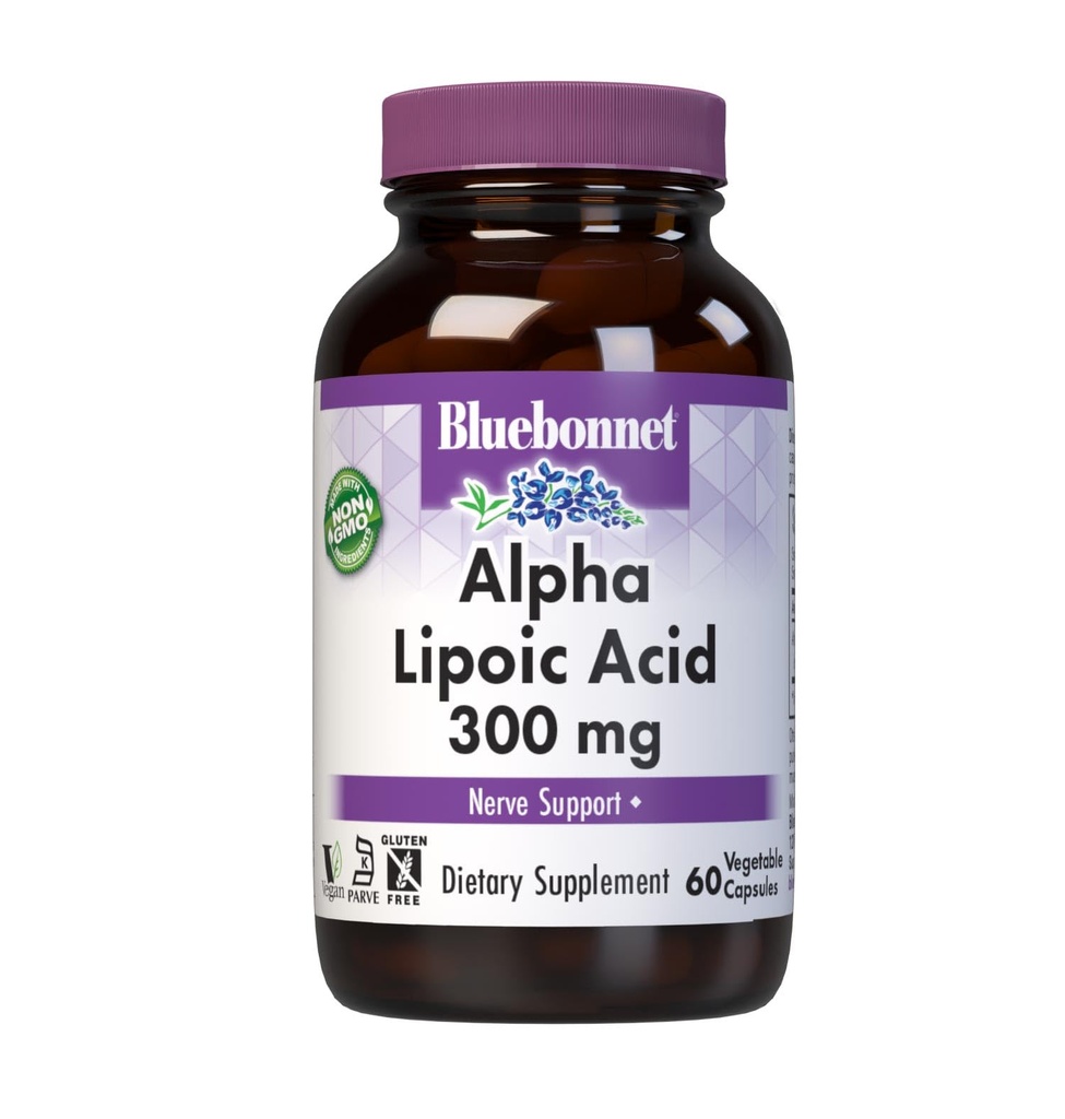 BlueBonnet Alpha Kyselina lipoová 300mg - Výkonný Antioxidant Nerve Suplement for Women & Men - Non-GMO, Vegan, Kosher - Gluten-Free, Soy-Free, Dairy-Free - 60 Rastlinné kapsule