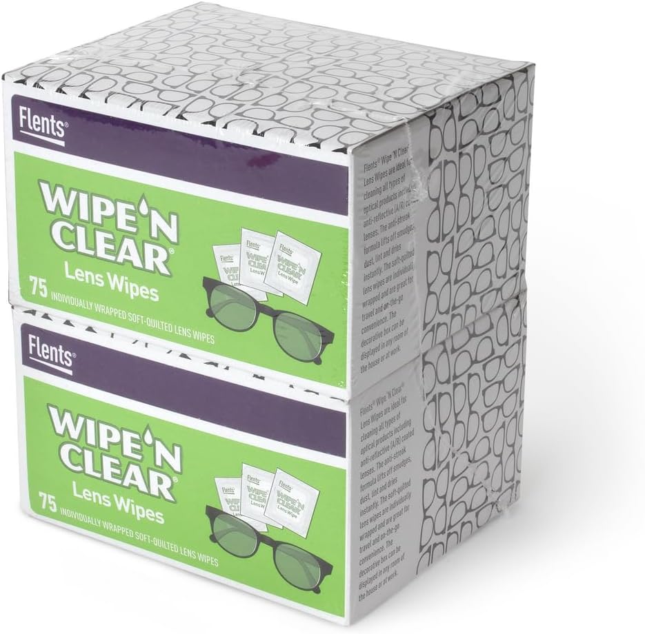 Flents Lens Wipes, Wipe 'N Clear, 150 Gróf, Pre-Moisted, Break-free, Trezor pre okuliare, slnečné okuliare, Jemné čistenie, Jasné videnie, Individuálne zabalené pre cestovanie a pohodlie, Vyrobené v USA