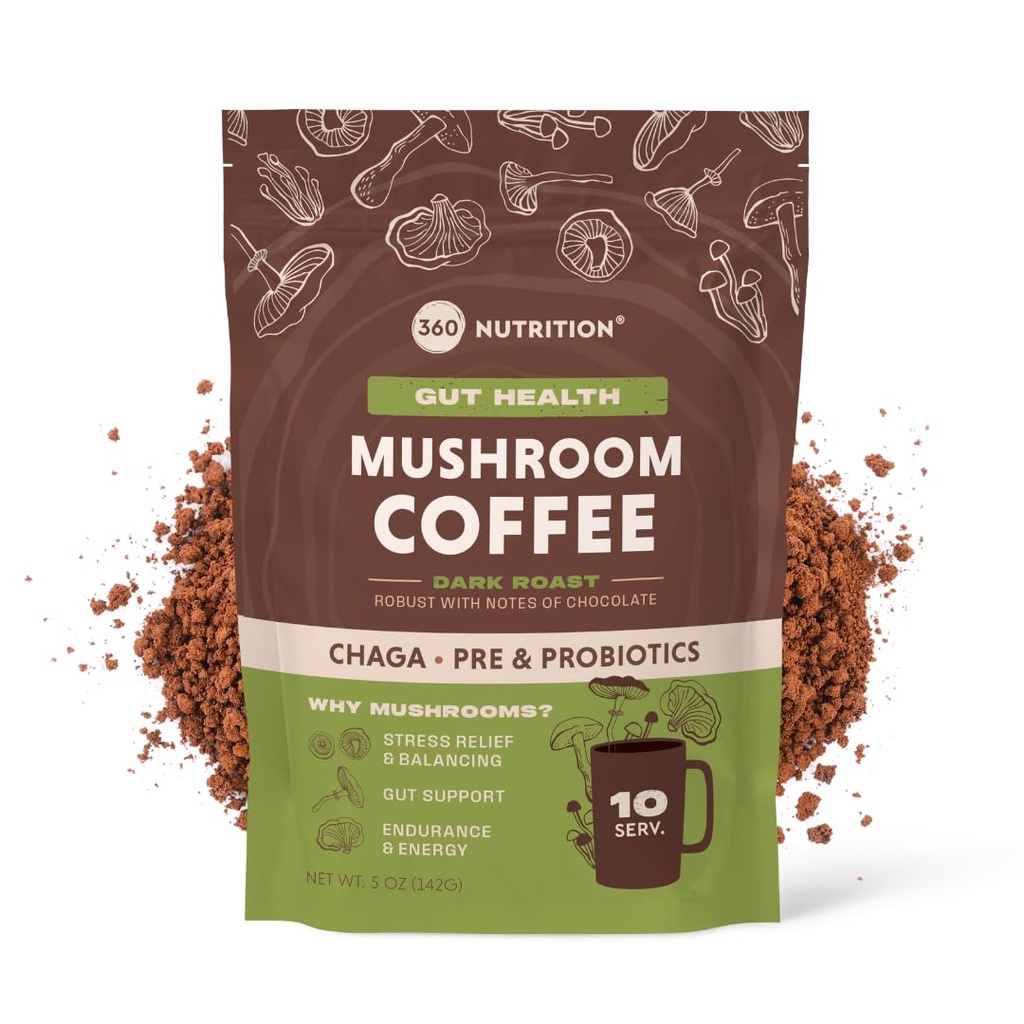360 Nutrition Instant Mushroom Coffee with Chaga Superfood Mushroom and Prebiotics, Probiotiká pre zdravie Gut, and Focus Support 