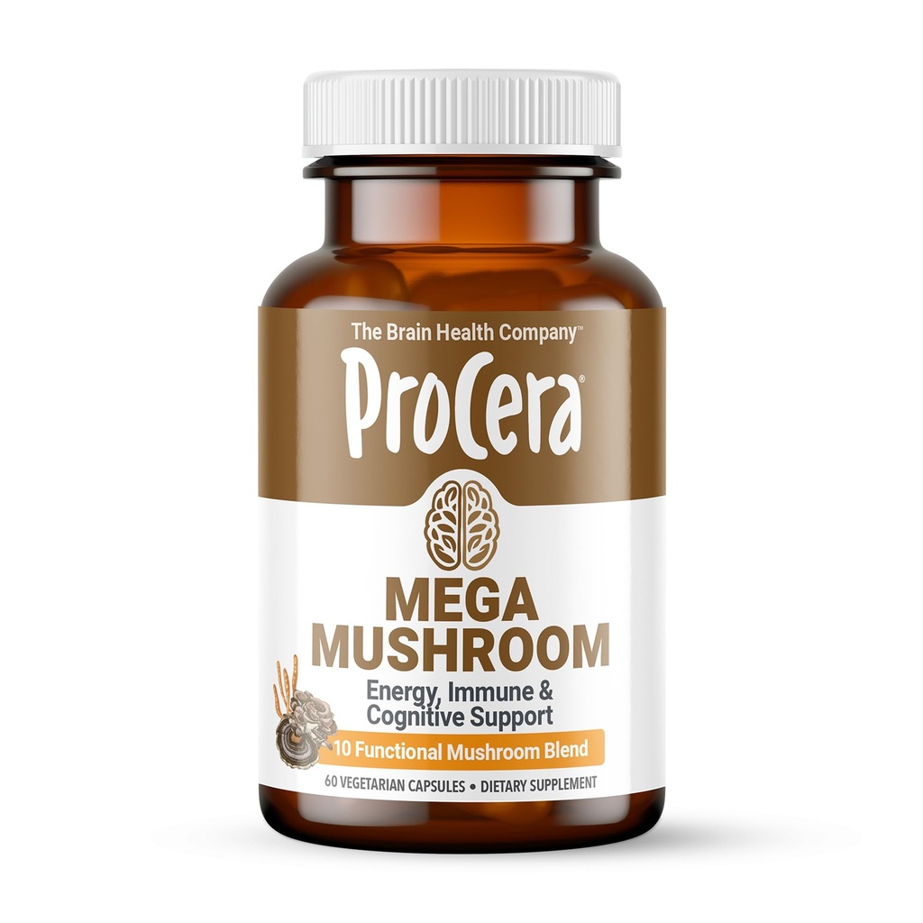 Procera Mega Huba - Vylepšená pamäť, prírodná energia a duševná jasnosť - Clear Mind - Lift Brain Fog - Imunitná podpora - Detox - Levy Mane Chaga Cordyceps Shiitake Turkey chvost - 60 Počet