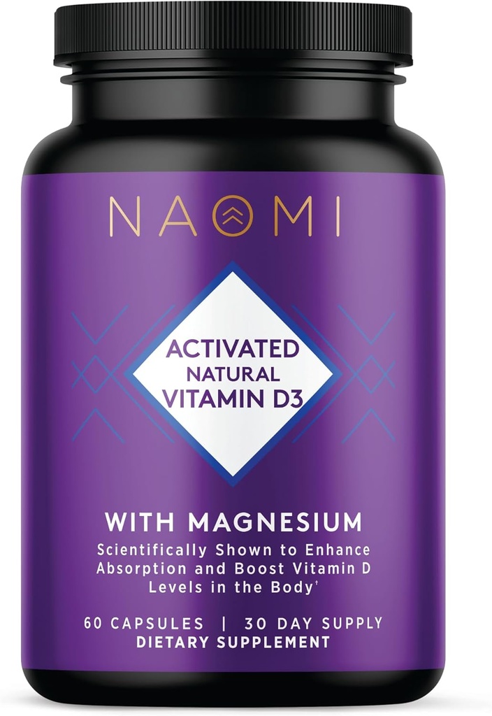 NAOMI Aktivovaný vitamín D3 5000 IU (125 μg) Doplnok s horčíkom pre silné kosti, zuby, svalovú, imunitnú podporu a podporu nálady, non-GMO, bez lepku, 60 Veggie Caps, 30 dní