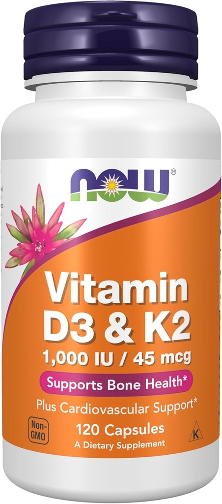 NOW Supplements, Vitamin D-3 & K-2, 1,000 IU/45 mcg,Plus Cardiovascular Support*, Supports Bone Health*, 120 veg Capsules