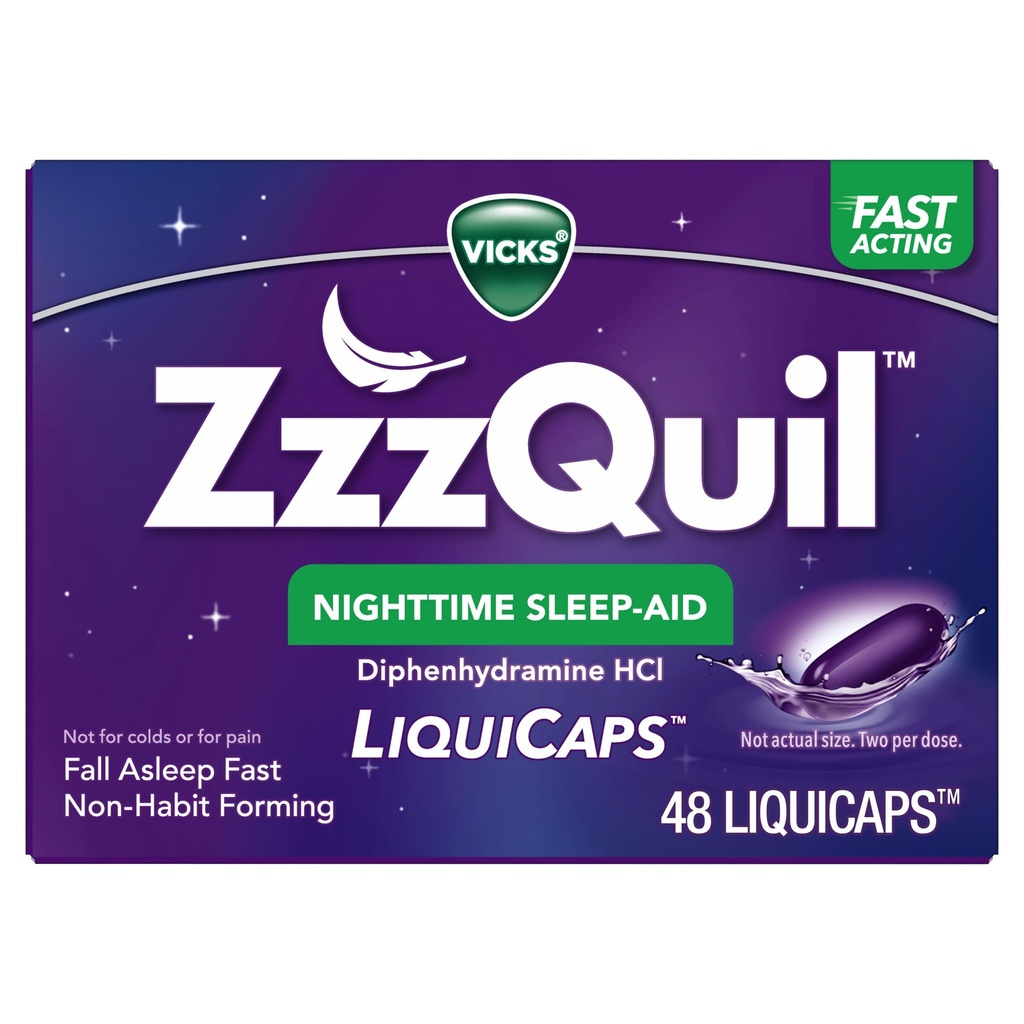 ZzzQuil, Nočná pomôcka na spánok LiquiCaps, 25 mg Difenhydramín HCl, č. 1, Spánková pomôcka, Non-Habit forming, Fall Asleep Fast, 48 Count