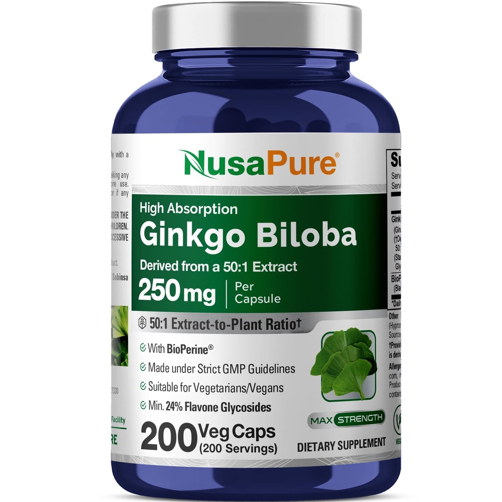 NusaPure Ginkgo Biloba 50:1 Extract, 250 mg Equivalent to 12 500 mg per Veggie Caps 200 Kapsule (Vegetarian, Non-GMO, Vegan) Bioperine