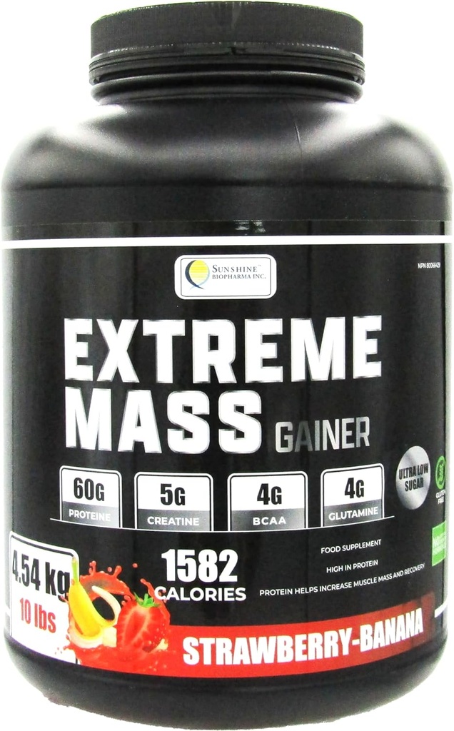 Extrémne hmotnosť Gainer svalového Builder, 10 lb (4.54 kg) s menej cukru pre intenzívne cvičenie školenia vyrobené z vysokej kalórií obohateného srvátkového proteínu (jahoda-Banana)