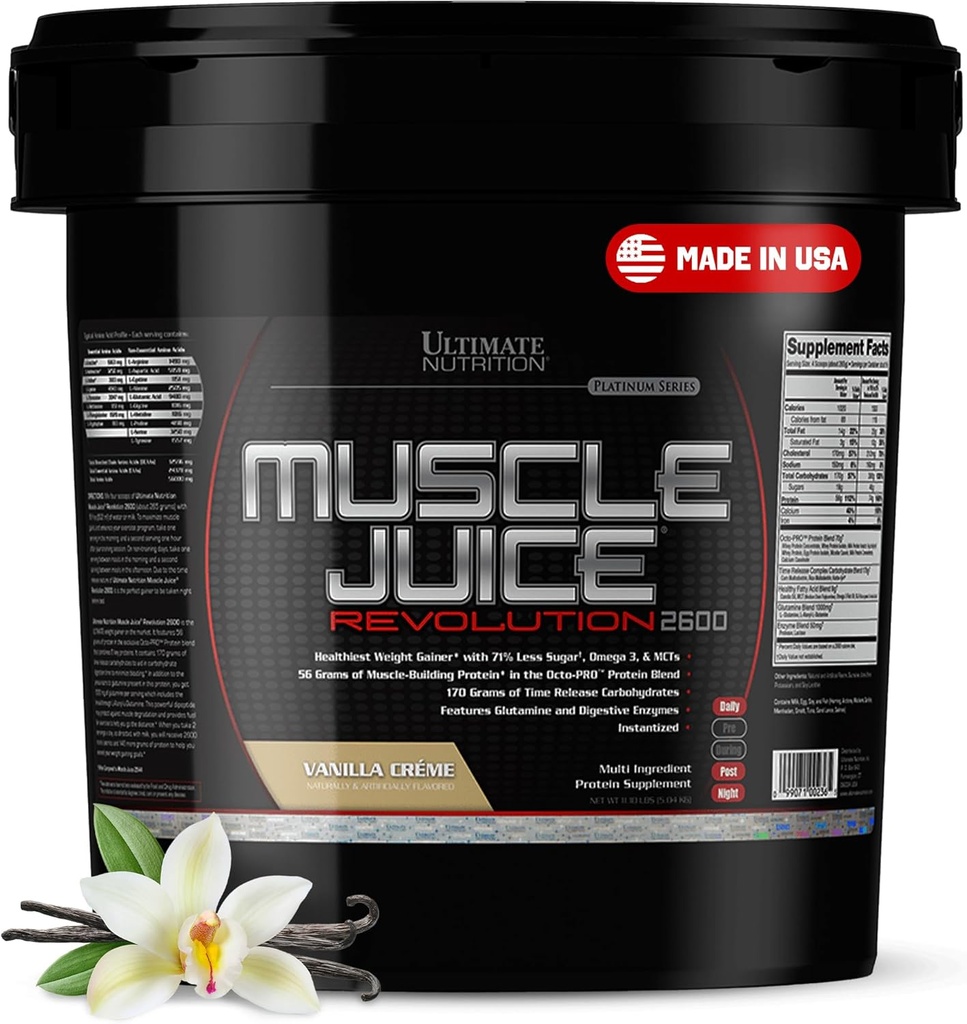 Ultimate Nutrition Muscle Juice 2600 Revolution, Váha Zisk nápoj Mix - Mass Gainer Cvičenie Powder Supplement for Lean Muscle Growth & Recovery with 56g Protein Blend - Vanilla, 11.105lb