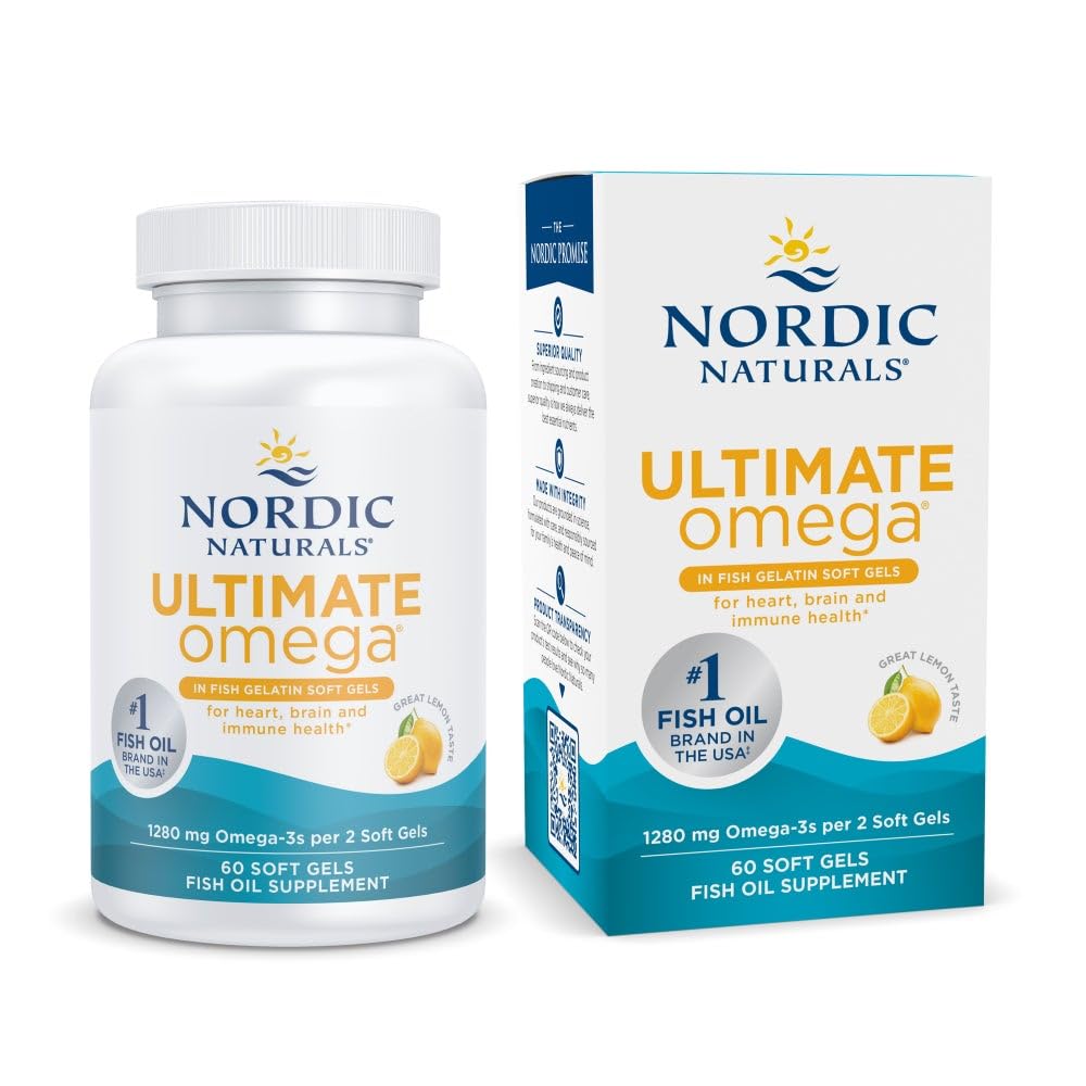 Nordic Naturals Ultimate Omega in Fish Želatína, Citrónová aróma - 60 Soft Gels - 1280 mg Omega-3 - High-Potency Fish Oil Supplement - EPA & DHA - Podporuje zdravie mozgu a srdca - non-GMO - 30 Servisov