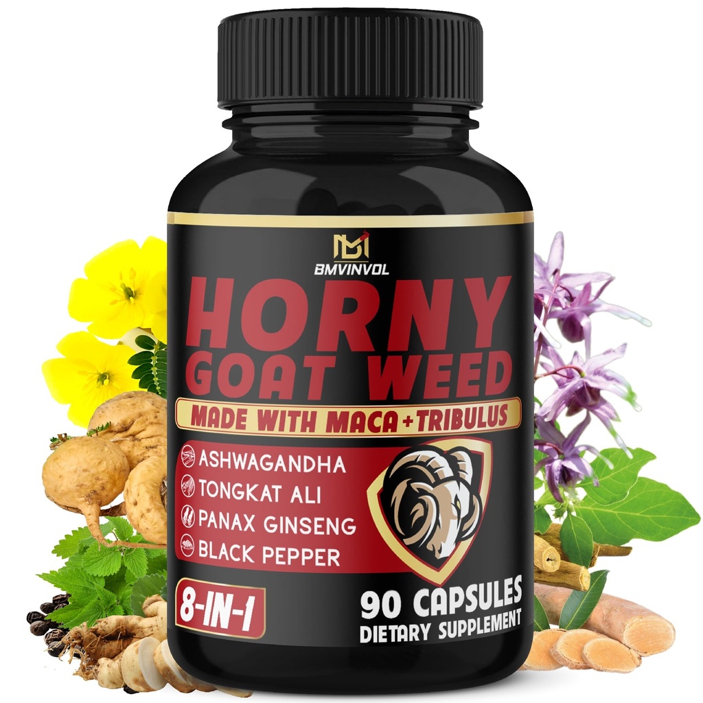 BMVINOVOL Horny Koza Weed Kapsule s Maca, Ginseng, Tribulus Terrestris, Ashwagandha, čierne korenie - 90 Počet na 3 mesiace Zásobovanie