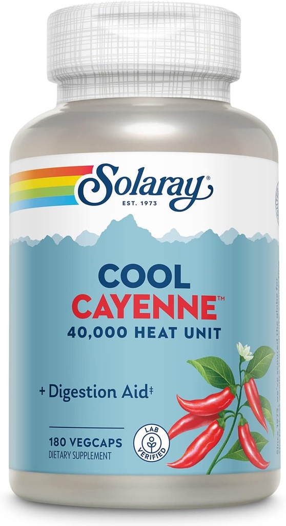 SOLARAY Cool Cayenne Pepper 40.000 HU, Cayenne Pepper Capsules, Digestion Aid, Bio-Cool Process, Lab Overené, 60-Day Záruka vrátenia peňazí, 90 Servings, 180 VegCaps