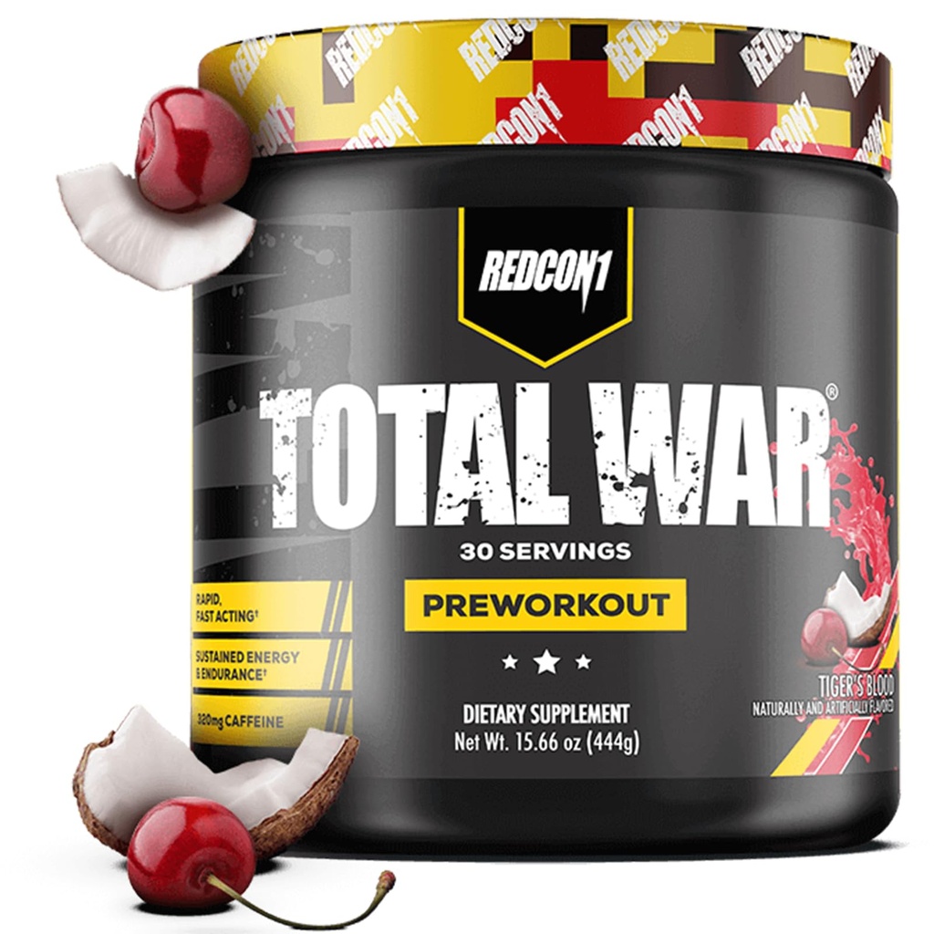 REDCON1 Total War Pre Cvičenie, Tiger Blood - L Citruline, Malic Acid, Zelený čaj Leaf Extract pre Pump Boost Pre Cvičenie pre ženy a mužov - 3,2g Beta Alanyne znížiť vyčerpanie (30 Servings)