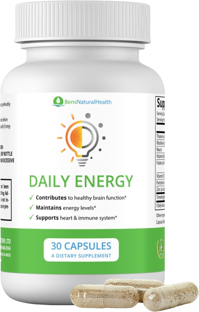 Ben 's Natural Health Daily Energy B-vitamín komplex s TMG a zinok pre prírodnú energiu, stres, zameranie a imunitnú podporu, 30 kapsúl