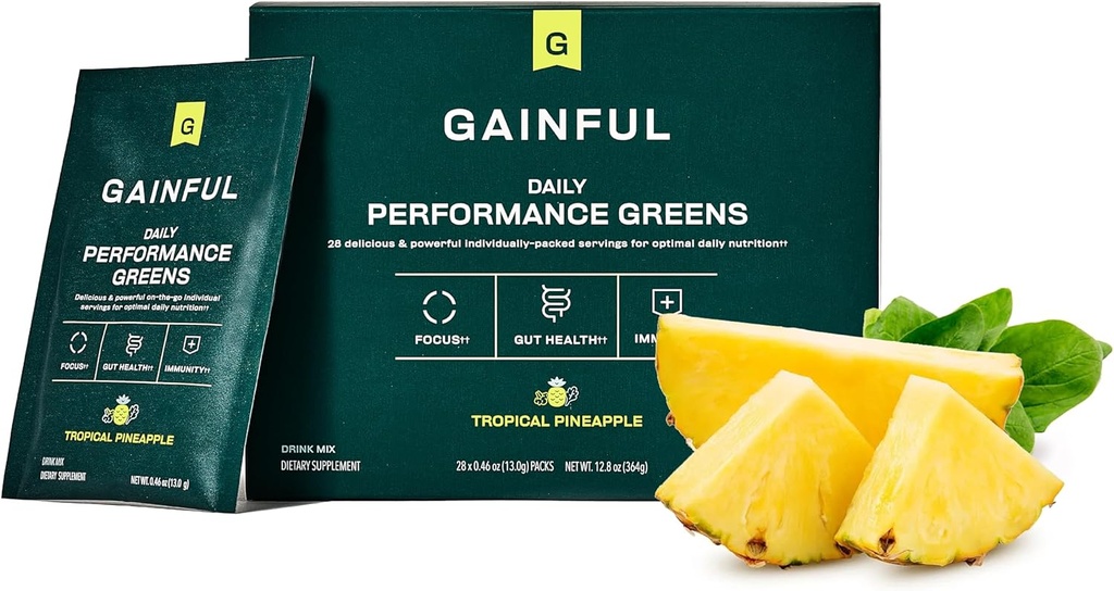 Gaful Daily Performance Greens Powder, Coconut Ananás, Gut Health, Energy, Focus and Immune Support with L Theanine, Organic Greens, Chlorella, Ginger, Green + Adaptogen Drink Mix, 28 paketov