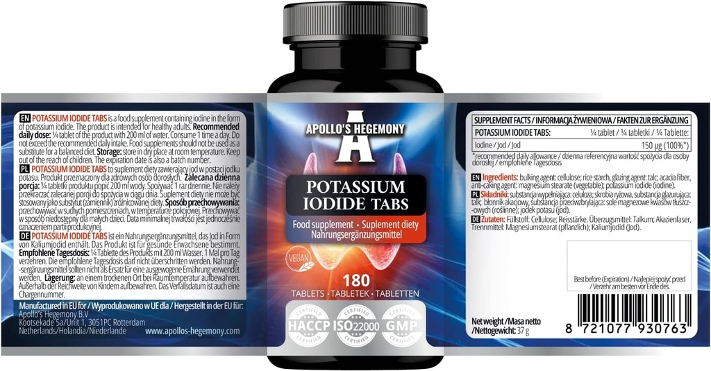 Iodid draselný 150 mcg per Portion - 180 Vegan tablety - 720 Slúži - pre optimálnu funkciu Gland a energetický metabolizmus - Diet Supplement by Apollo Hegemony