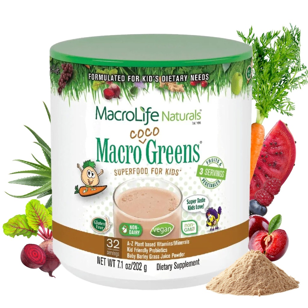 MacroLife Naturals MakroCoco Greens Čokoláda Superfood Powder for Kids Raw Fruits Veggies Probiotiká a tráviace enzýmy, Imunity Energy, Non-GMO, Vegan, Gluten, Dairy Free - 7oz (32 Servings)