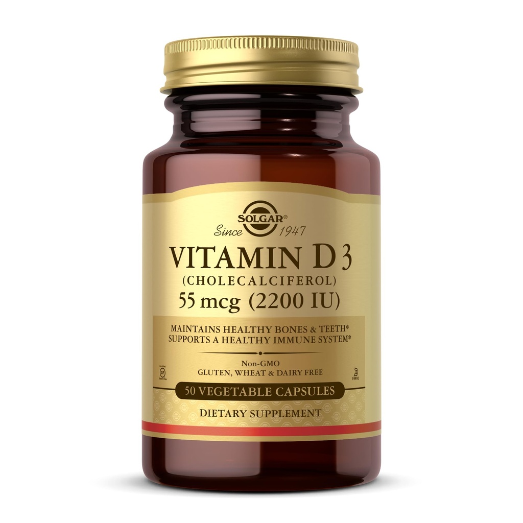 Solgar Vitamín D3 (cholekalciferol) 55 mcg (2200 IU), 50 Rastlinné kapsuly - Pomáha udržiavať zdravé kosti a zuby - Imunitný systém Podpora - Non-GMO, Gluten Free, Dairy Free, Kosher - 50 Servisné služby