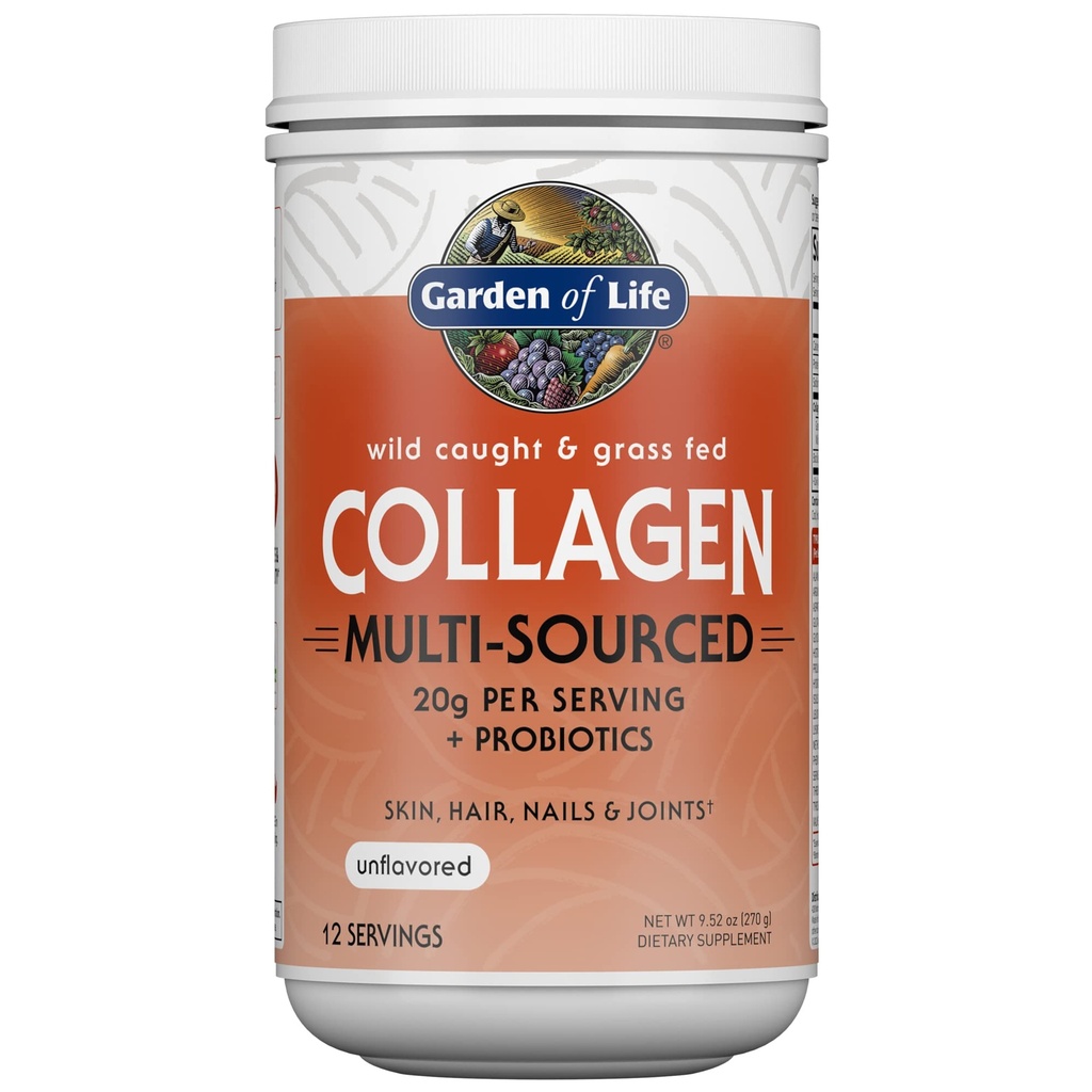 Garden of Life Marine & Grass-Fed Collagen Peptides Powder Supplement (Typ I, III) s probiotikami a BCAA pre mobilitu, spoločné zdravie, vlasy, koža a nechty - Nepríchuť, 20g na službu, 12 Servisov