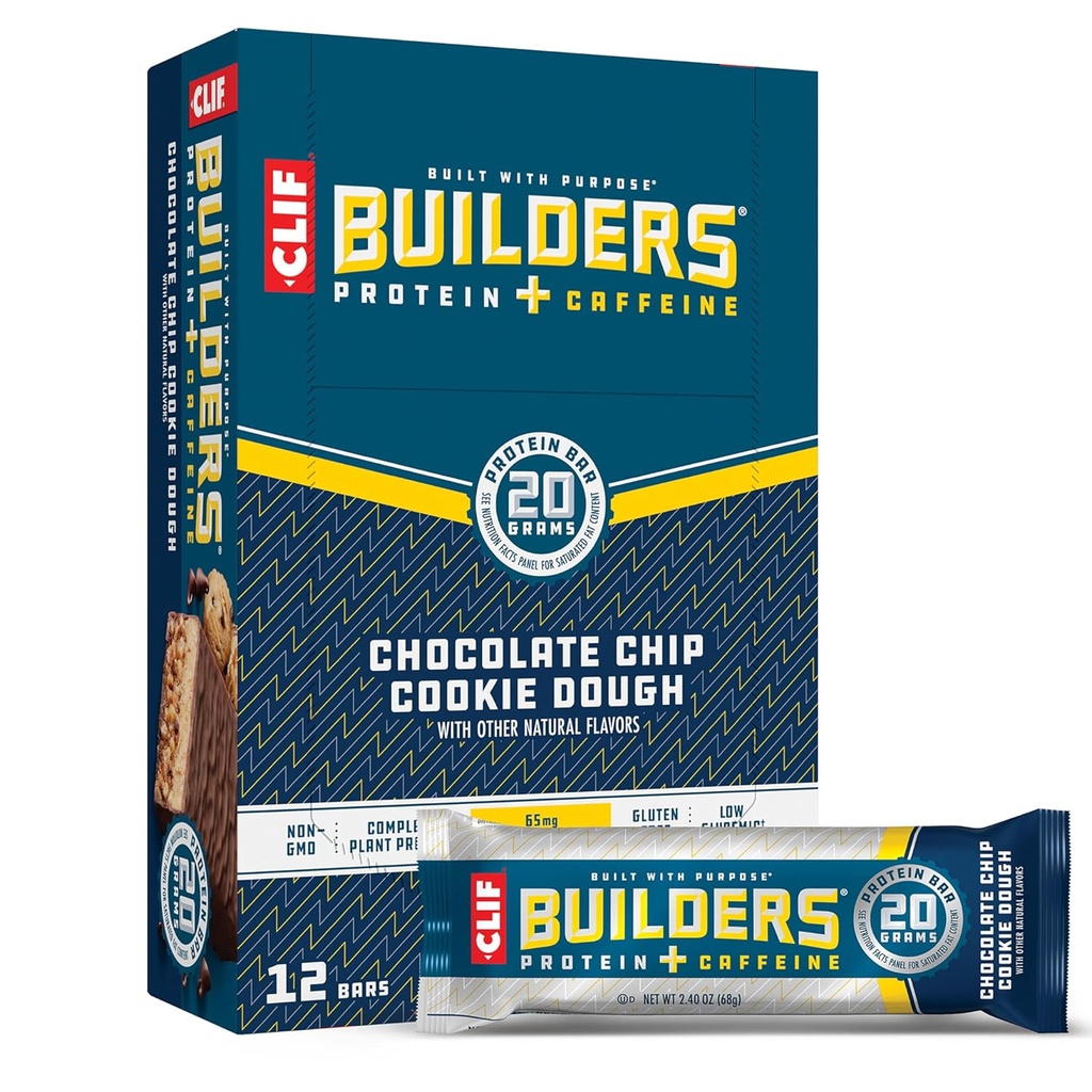 CLIF BUILDERS + Kofeín Proteínové tyčinky - Čokoládové chip Cookie Dough Ochutenie - 20g Rastlinný proteín - bez lepidla - non-GMO - nízka glycemic - žiadne umelé sladidlá - 2,4 oz. (12 balení)