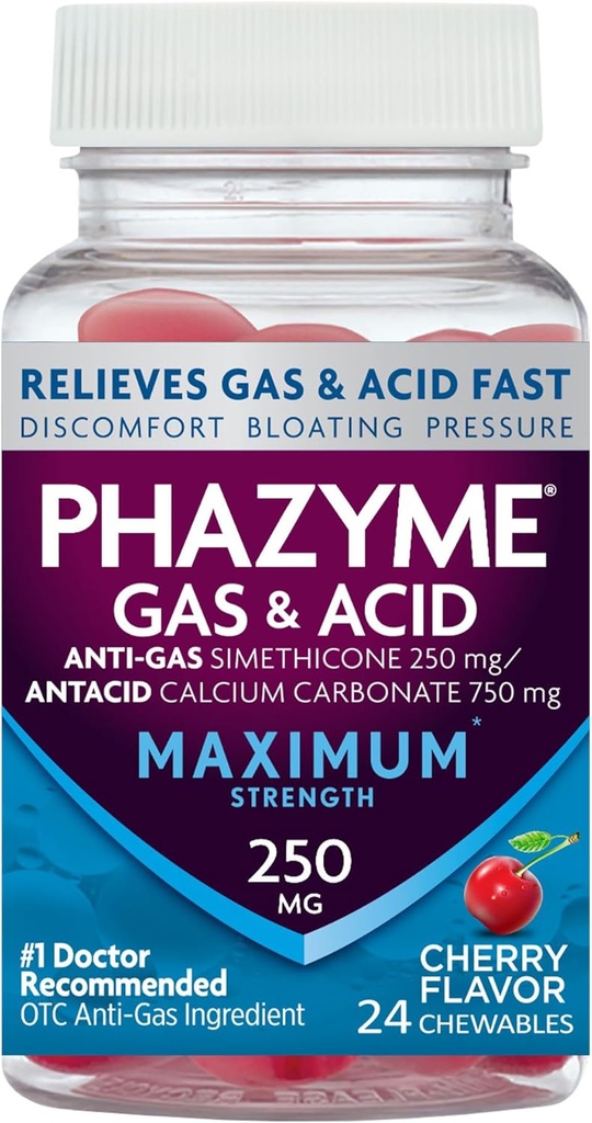 Phazyme Maximum Strength Gas & Acid Relief, Works Fast, Cherry Flavor, 24 Chews (Backaging May Vary)