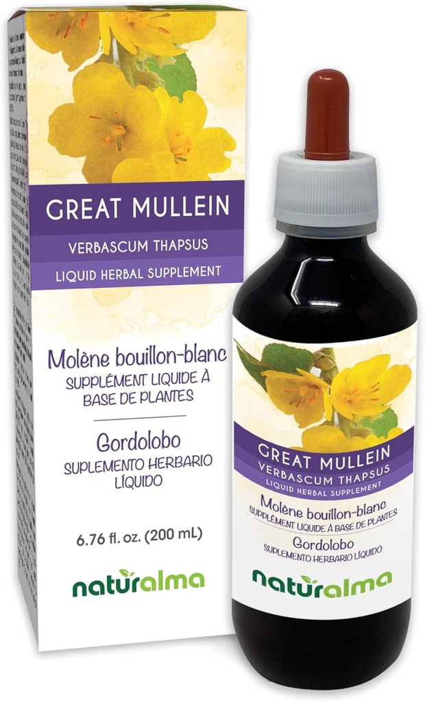 Naturalma Great Mullein alebo Common Mullein (Verbascum thapsus) Kvetina a list Alkohol-Free Tinture - 6.76 fl oz Tekutý extrakt v kvapkách - Bylinné doplnok - Vegan