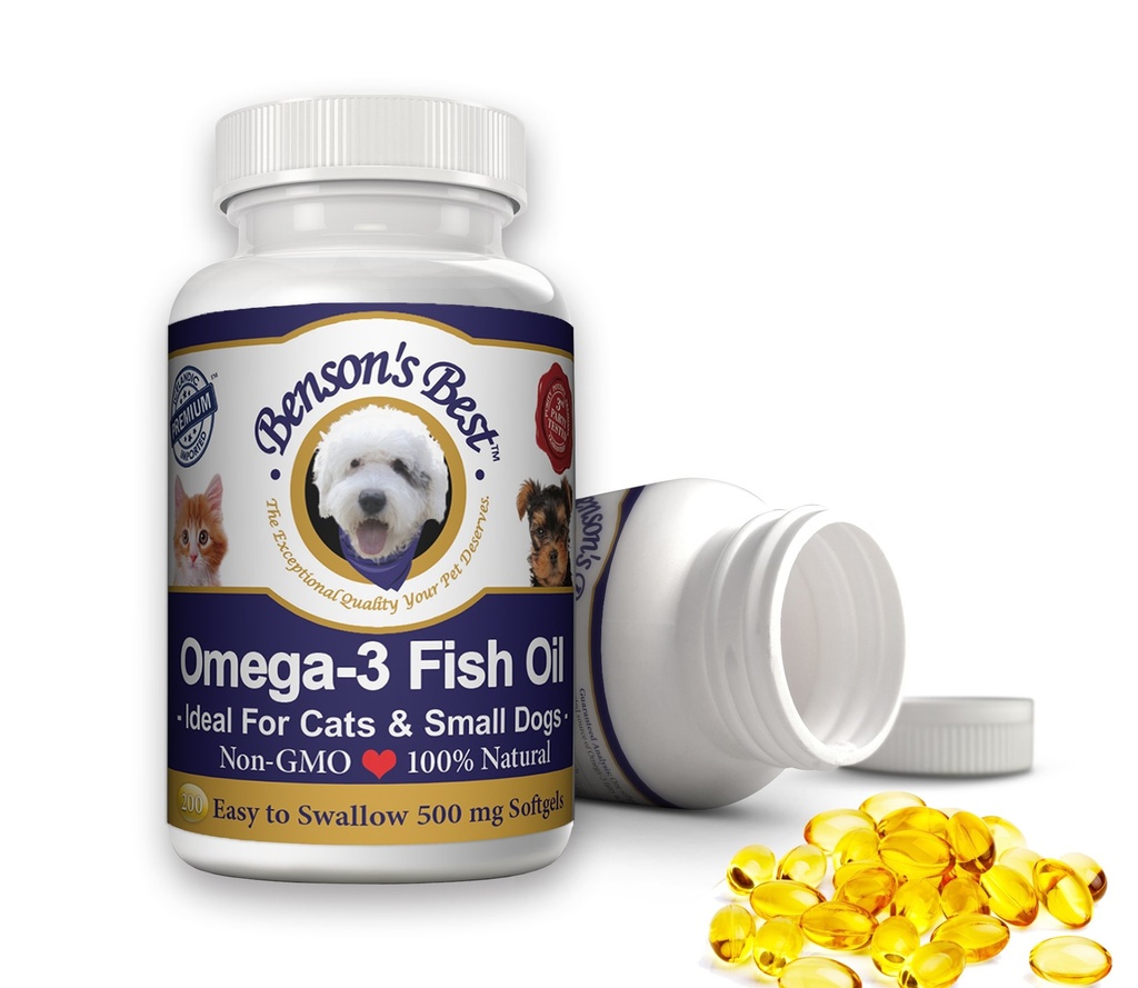 Benson's Best Omega 3 Fish Oil pre mačky a malé psy - 200 Softgels 500mg - 43% Viac Omega 3 mastné kyseliny Than Salmon Oil - 100% Pure, Non-GMO, Natural Pet Food Dog Fish Oil Supplements