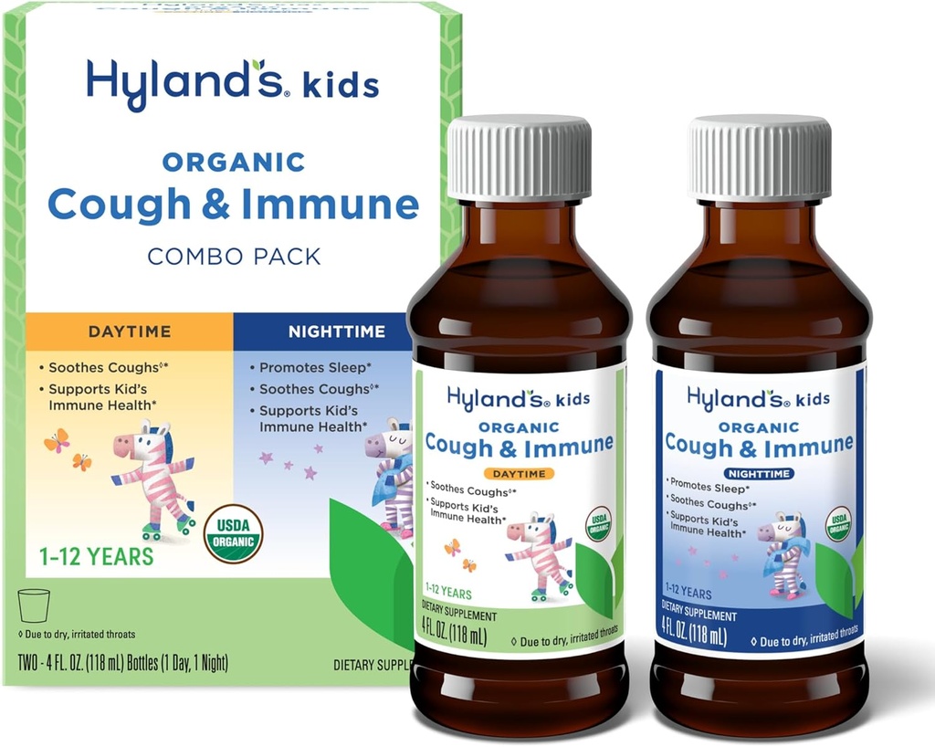 Hyland's Kids Organic Cough and Immune Day and Night Combo Pack, Eases Coughs, podporuje imunitu, podporuje spánok, dve 4 Fl Oz. Fľaše (8 fl oz)