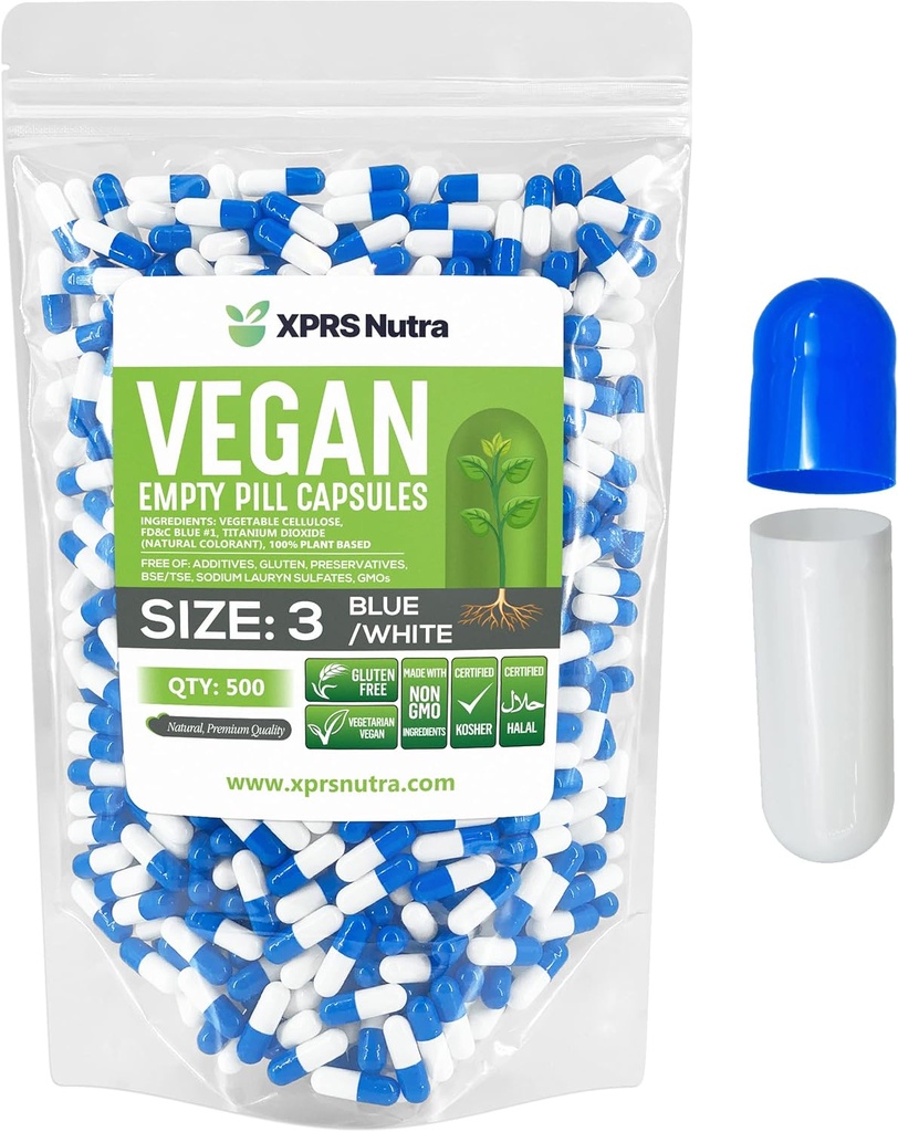 XPRS Nutra Veľkosť 3 prázdne kapsule - 500 Počet prázdnych vegánskych kapsúl - Vegetariánske tabletky - DIY Rastlinné kapsule Plnenie - Veggie Pill Caps (modrá/biela)
