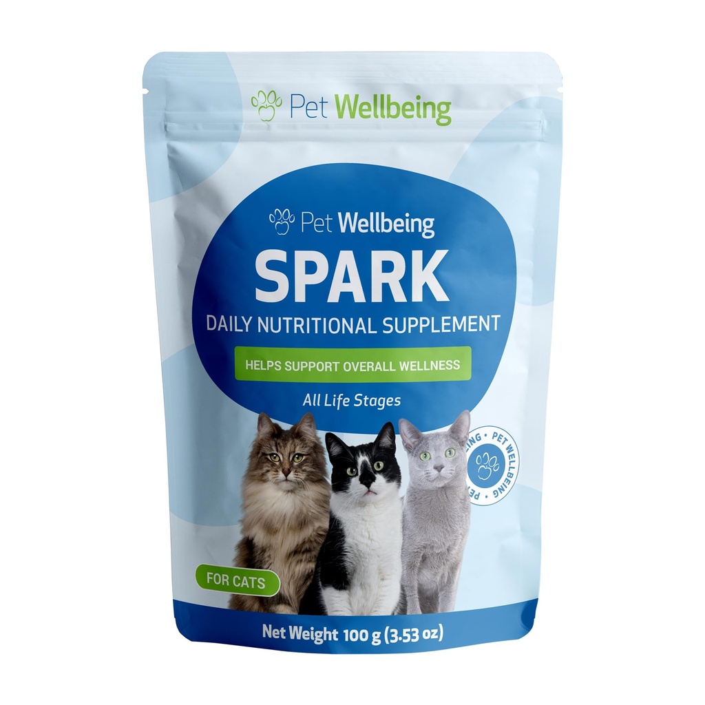 Pet Wellbeing Spark Daily Nutritional Greens Superfood for Mačky - Probiotiká, Prebiotiká, Digestívne enzýmy, Aminokyseliny, Antioxidanty, Vitamín D, Spirulina - Veterinarian-formulovaný 3,53 oz (100 g)