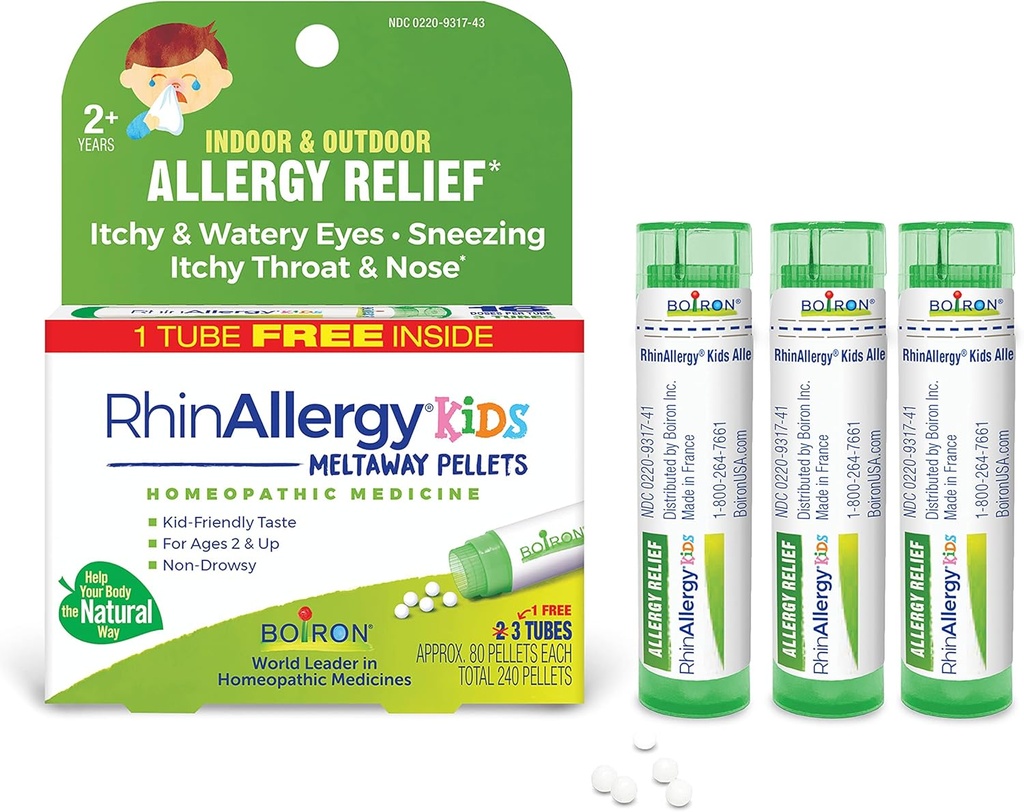 Boiron RhinAllergy Kids Pellets na úľavu od alergie príznaky sipot, Runny nose, a svrbenie oči alebo hrdlo - 3 Počet (240 Pelety)