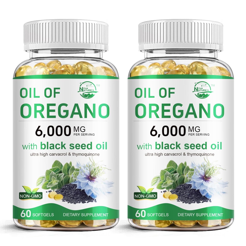 Živý prírodný olej Oregano s olejom z čiernych semien, 2 v 1 Oregano Supplement for Immune Health, Retainins High Concentrated Carvatrol & Thymochinón, Non-GMO, 60 Softgels, 2 balenie