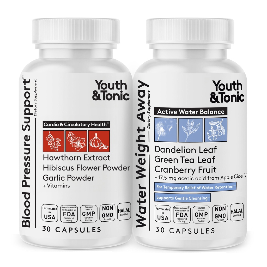 Youth & Tonic Daily Water Weight Away Pills and Blood Pressure Support Doplnky/Prírodné Diuretiká pre Water Retention & BP Kapsule pre udržanie dobrého obehového zdravia / 60 CPS pre ženy a mužov