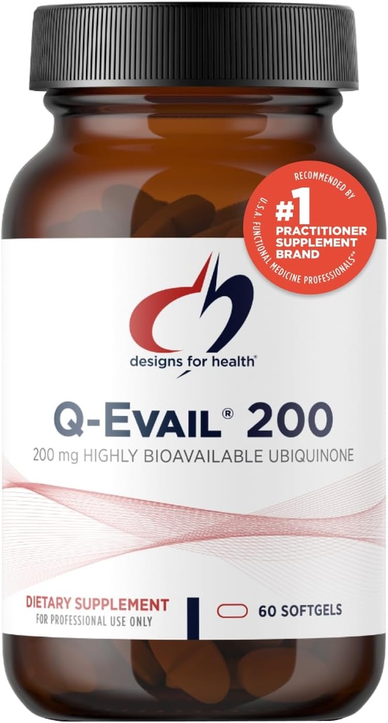 Dizajny pre zdravie Q-Evail 200-200mg CoQ10 Vysoko biologicky dostupné Ubichinón - Koenzým Q10 s MCT + zmiešané tokoferoly na podporu superior absorpcie - non-GMO (60 softgelov)