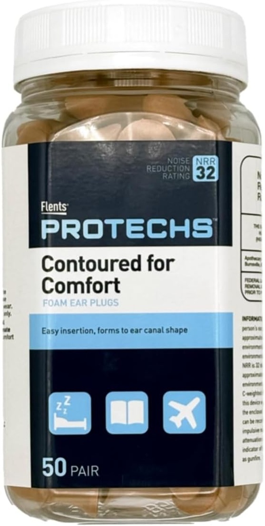 Flents Protechs Jednorazové pena ušné zástrčky, Contoured for Comfort, Ideálne pre prácu, Hlučný hluk, ťažké stroje, Konštrukcia, Štúdium, Streľba a cestovanie, NRR 32, Béžová, jednoduché použitie, 50 Pair