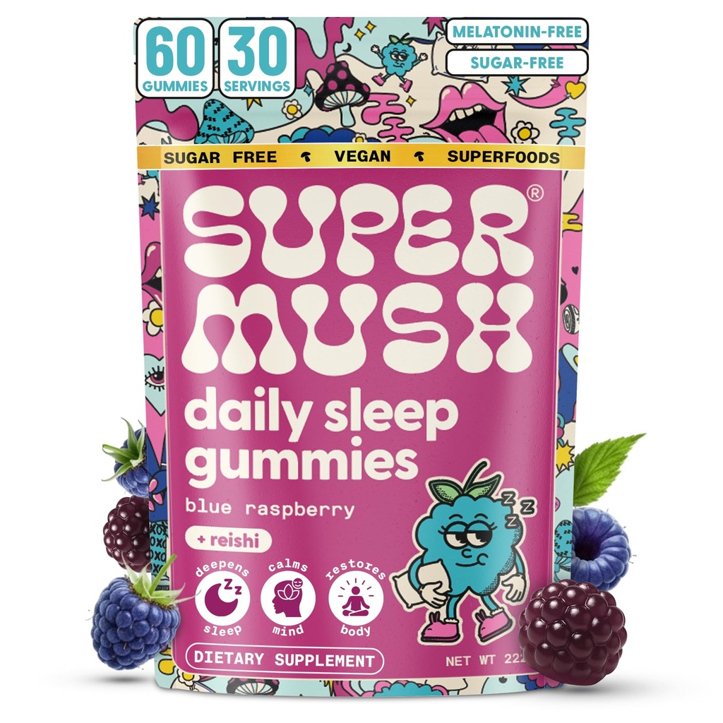 SuperMush Sleep Gummy pre dospelých - Huba doplnok s horčíkom Citrate, L-Theanine, Chaga, Reishi & harmanček pre hlboký spánok, REM & Detox - Vegan & Sugar-free - 60 Gumies (30 Servings)
