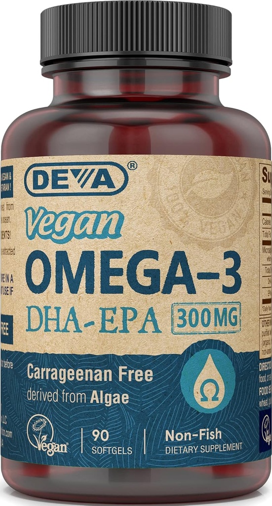 Deva Vegan Omega-3 DHA EPA Supplement Once-Per-Day Softgel 300 MG - Karagénna želatína a bezlepok - mastné kyseliny z nefish algae oleja - 90 softgelov