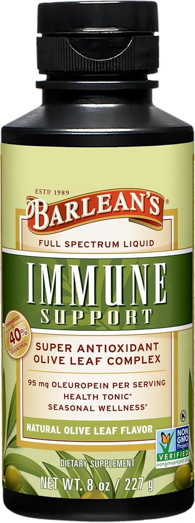 Barlean Olive Leaf Complex Liquid Immune Support Supplement, 95mg Oleuropein Antioxidants, 8 oz