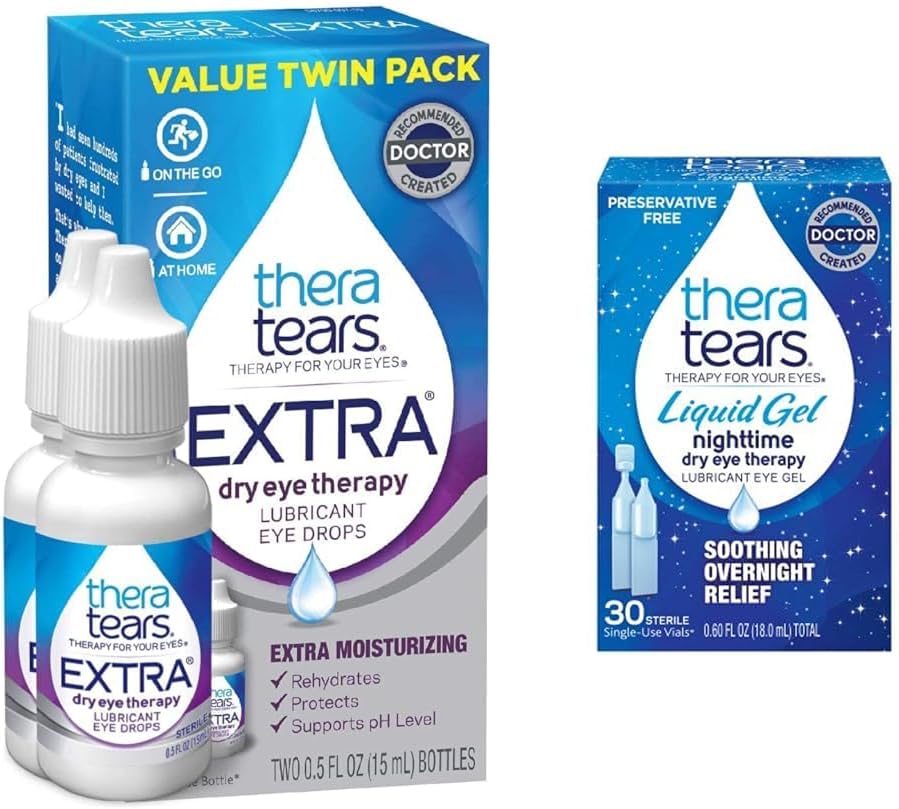 TheraTears Extra Suché očné terapie Mazanie očné kvapky pre suché oči, 0,5 fl oz fľaša, 2 gróf (Back of 1) & Liquid Gel Nighttime Mazanie očné kvapky pre suché oči, jednorázové liekovky, 30 Počet