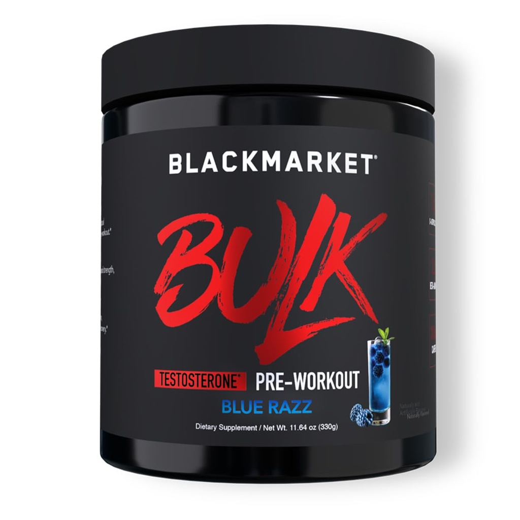 BLACKMARKET hromadne pred tréningom - predcvičenie Energetický nápoj pre mužov 30 Slúži - Powder pre-cvičebný nápoj s kreatínom (Blue Razz)