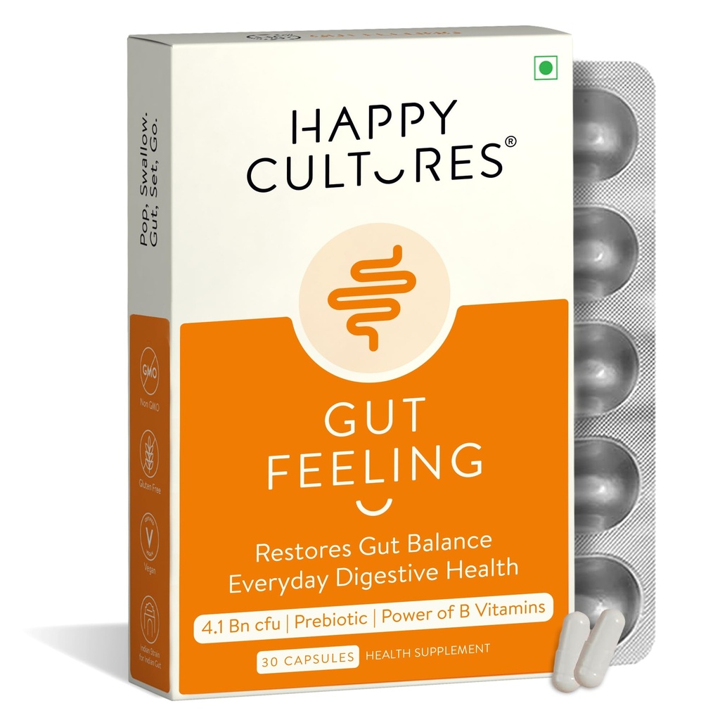 Happy Cultures Gut Feeling Digestion Supplement Unikátny zmes probiotík pre denné trávenie zdravie B- Vitamins Gut Zdravie Supplement for Bloating, IBS, Trávenie klinicky testované - 30 Veg Kapsule