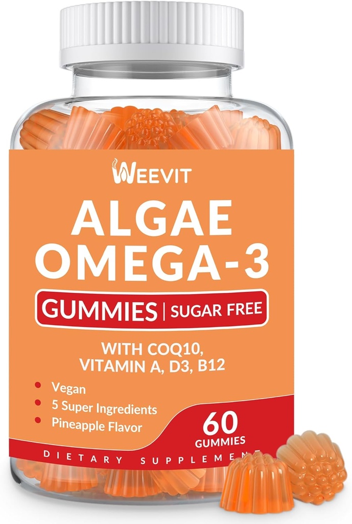 Sugar Free Omega 3 Gummies, Algae Omega 3 Supplement for Adults, Omega 3 DHA 240mg, EPA 110mg w/ Vitamin B12,CoQ10