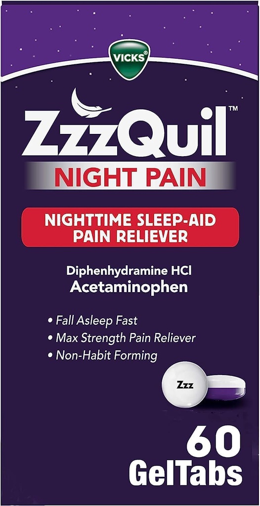 ZzzQuil Nočná bolesť GelTabs, Nočná úľava od bolesti, Tablety s pomocou spánku, Difenhydramín HCl a acetaminofén, č.1 Spánková pomoc Značka, Max Strength Pain Reliever, 60 GelTabs