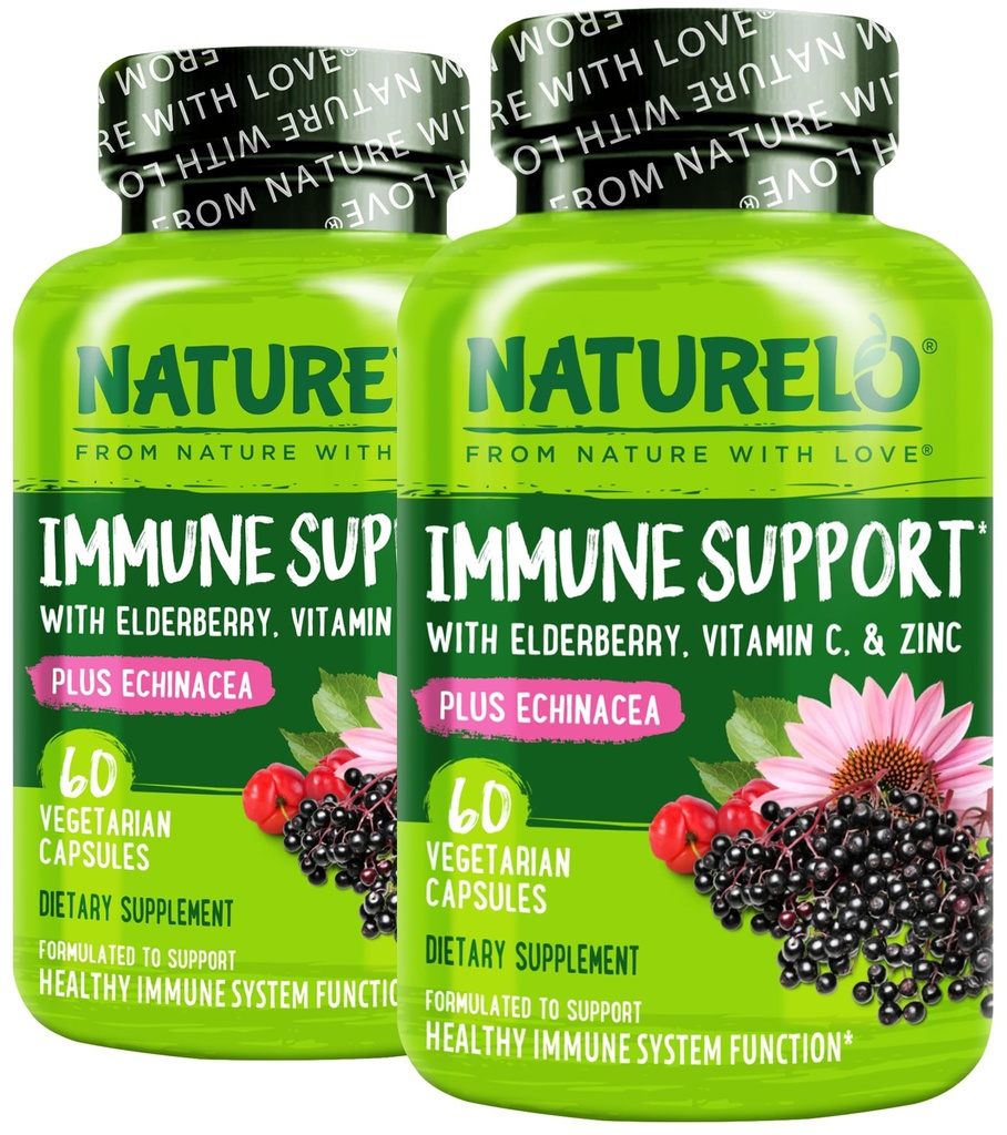 NATURELO Imunitná podpora Vitamín C, baza, zinok, Echinacea Natural Imunity Boost w/Antioxidant, bylinná a minerálna obrana - 60 Vegánskych kapsúl (Stock of 2)