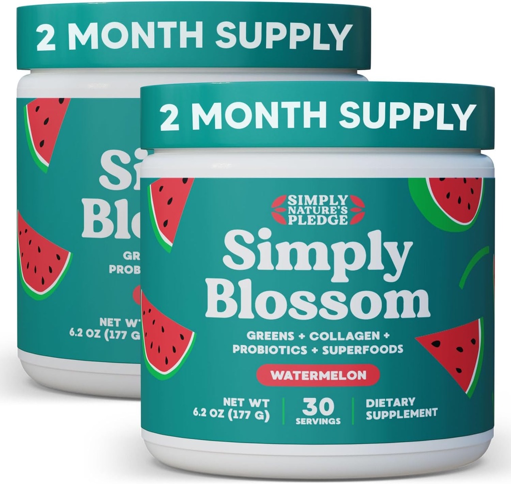Jednoducho Blossom Nutrition Daily Greens & Superfood Powder + Collagen + Probiotiká pre ženské trávenie zdravie a úľava od chuti. Pomoc Zdravie Bloom - 2 mesiace dodávky - Vodný melón