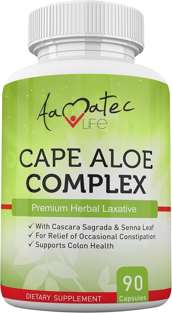 Amatec Life Cape Aloe Herbal Laxative Complex pre Zápcha Relief, Zdravé pohyby čriev, Tráviace a Colon Health s Cascara Sagrada a Senna Leaf Supplement pre mužov a ženy 90 Kapsule
