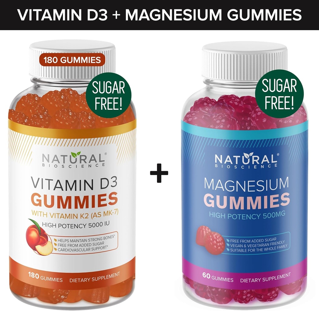 Bezcukrové vitamíny D3 K2 Gummy (180 Gumiem) a bez cukru Extra sila Magnézové Gumičky (60 Gumímies), Vitamín D3 Gummies 5000 IU+K2 MK7 80 mcg, Dusičnan horečnatý 500 mg